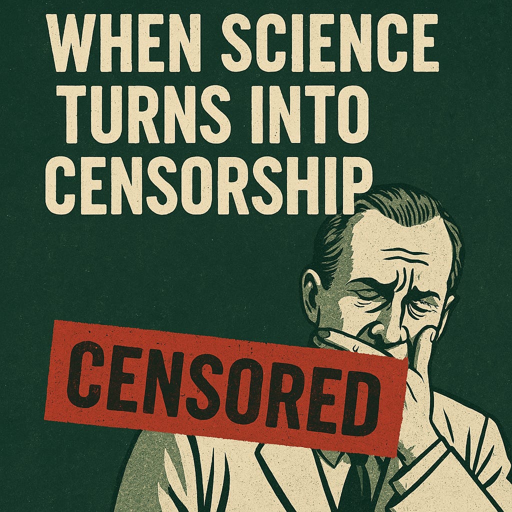 Text on image that says: "When science turned into censorship" and man covering his mouth with a "censored" strip across the image.